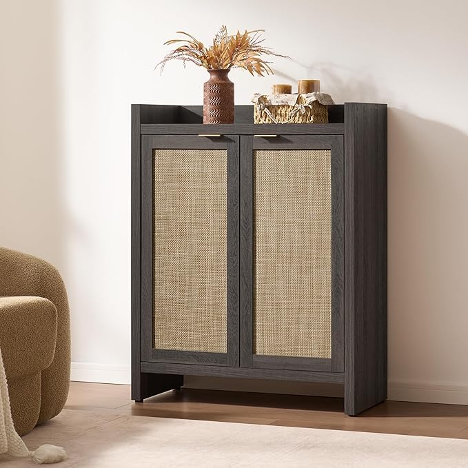 SICOTAS Shoe Storage Cabinet Set of 3, Large Capacity Rattan Shoe Cabinet for Entryway, 6-Tier 41" Tall Shoe Cabinet, Farmhouse Wooden Storage Cabinet for Living Room Hallway, Black Oak