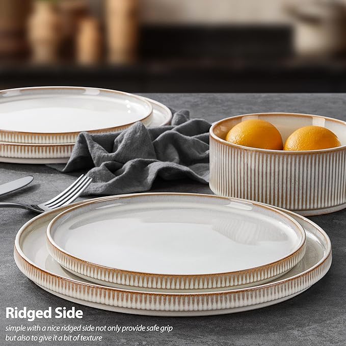 LIANYU Stoneware Dinnerware Sets with Pasta Bowls, 16 Piece Plates and Bowls Dishes Set for 4, Ribbed Dining Ware Dishware for Home, Microwave and Dishwasher Safe, Dawn Beige