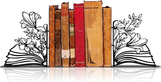 Metal Flower & Book Design Decorative Bookends – Cute Bookends for Shelves, Reading Room Decor for Book Lovers
