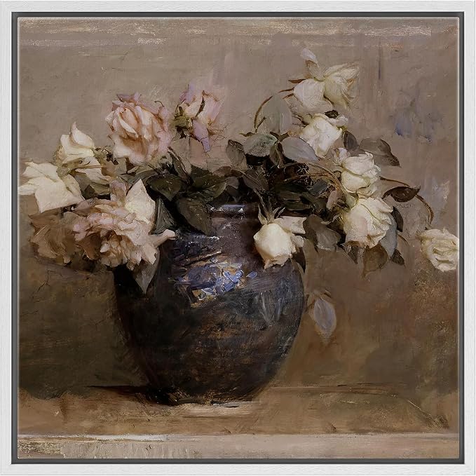 SIGNFORD Framed Canvas Print Wall Art Impressionist Roses in Vase Textured Floral Still Life Nature Wilderness Illustrations Rustic Zen Colorful for Living Room, Bedroom, Office - 24"x24" White