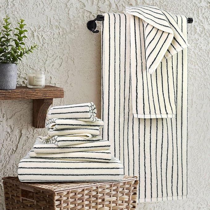 Jacquotha 8 Piece Black and White Towel Set, Super Soft & Absorbent Cotton Striped Towels for Bathroom Decor, 2 Bath, 2 Hand, 4 Washcloths