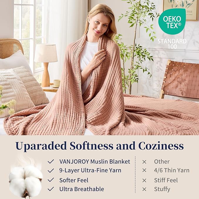 VANJOROY 9-Layer Muslin Throw Blanket Queen 90" x 90" Coffee, 100% Cotton Organic Breathable Lightweight Large Throw for Couch Bed Quilt and Bedspread - All Season Muslin Soft Gauze Blanket