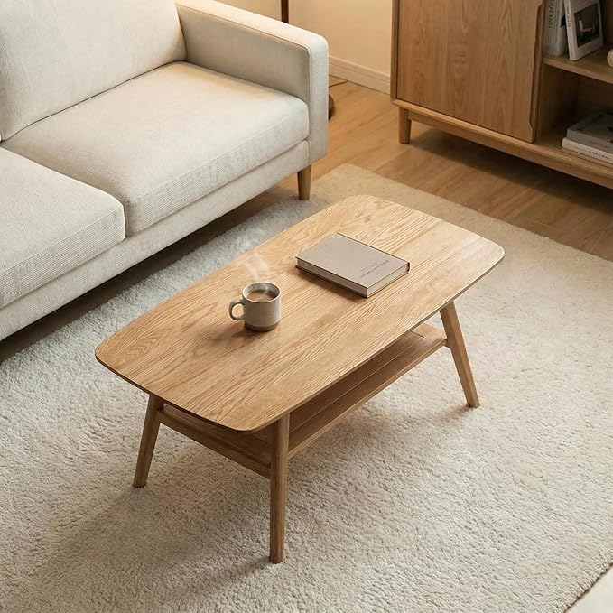Mid Century Modern Coffee Table: 100% Solid Wood Coffee Table - 2-Tier Storage Design - Practical Coffee Tables for Living Room, Apartment, Easy Assembly (Natural, 39.37")