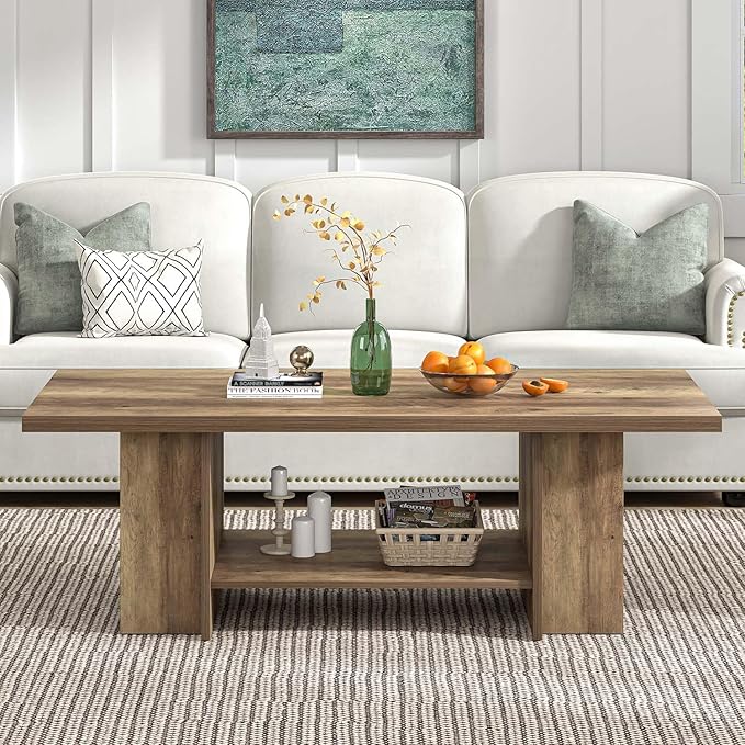 FOLUBAN Wood Coffee Table, Modern Center Table for Living Room with Bottom Storage Shelf & Side Shelves, 2-Tier Rectangle Cocktail Tea Table for Home Decor, 47 Inch, Rustic Oak