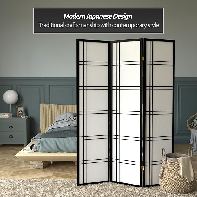 Red Lantern 6 ft. Tall Double Cross Shoji Screen - Black - 3 Panels