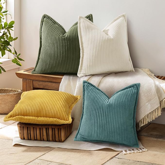 decorUhome Summer Corduroy Turquoise Euro Sham Throw Pillow Covers 22x22 Set of 2 Decorative Soft Boho Farmhouse Couch Pillow Covers for Living Room Bed Sofa Broadside Striped Pillow Cases
