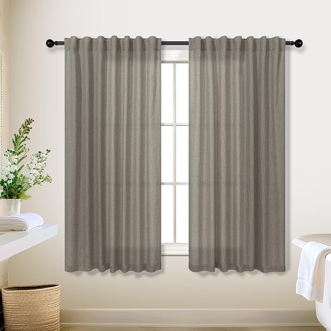KOUFALL Bathroom Curtains Window Short,54 Inch Length Sheer Semi Privacy Linen Small Curtain for Bedroom 48 Windows,52x54 in Long,2 Panels Set,Taupe