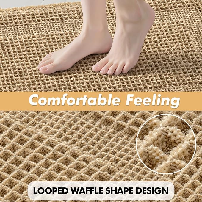 MIULEE Set of 2 Waffle Bathroom Rugs, Boho Bath Rug Super Absorbent, Non Slip Washable Ultra Soft Rubber Backed Shower Bath Mats for Floor, Tub, Shower, Looped Design, Brown, 17"x24"+18"x30"