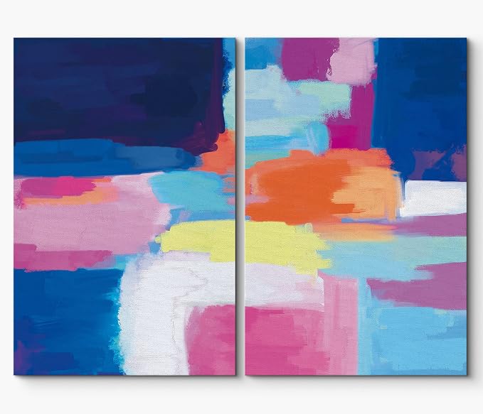 SIGNLEADER Canvas Print Wall Art Set Neon Pastel Colorblocks Geometric Shapes Illustrations Modern Art Contemporary Colorful Multicolor Ultra for Living Room, Bedroom, Office - 24"x36" x 2