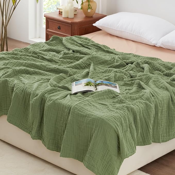 Love's cabin 100% Cotton Muslin Blanket, 6 Layer Lightweight Breathable Gauze Queen Size Blanket 90 x 90 Inches, Soft All Season Blanket for Bed, Sage Green