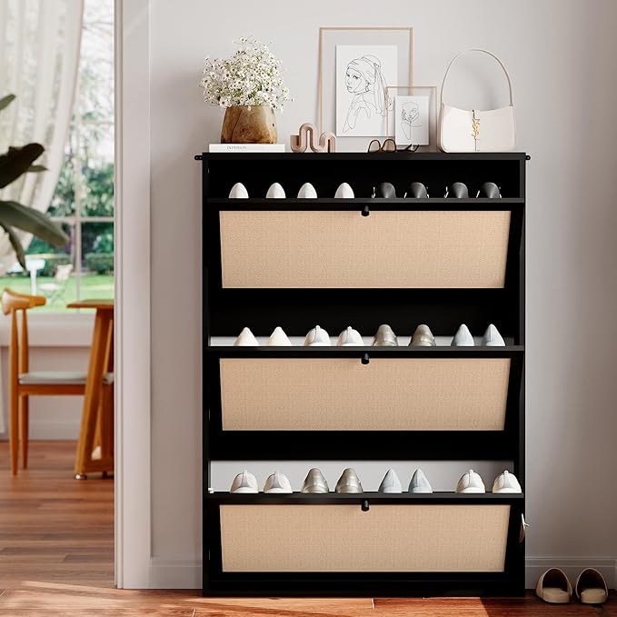 Narrow Shoe Storage Cabinet, 31.5" Slim Shoe Organizer with 3 Flip Drawer, Modern Hidden Shoes Cabinet for Entryway, Non-Divider Drawer Wood Shoe Storage for Hallway, Living Room (Black)