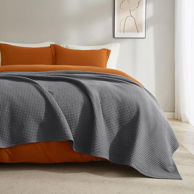 PHF Pre-Washed 100% Cotton Waffle Weave Blanket Queen Size for Bed,Snag Proof Throw Blanket for Couch Spring Summer Lightweight Breathable,Machine Washable, Home Decor Gift - Charcoal