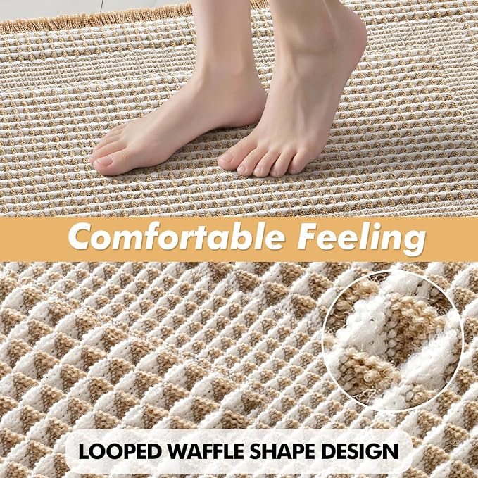 MIULEE Set of 2 Waffle Bathroom Rugs, Boho Bath Rug Super Absorbent, Non Slip Washable Ultra Soft Rubber Backed Shower Bath Mats for Floor, Tub, Shower, Looped Design, Brown & White, 24x36 Inch