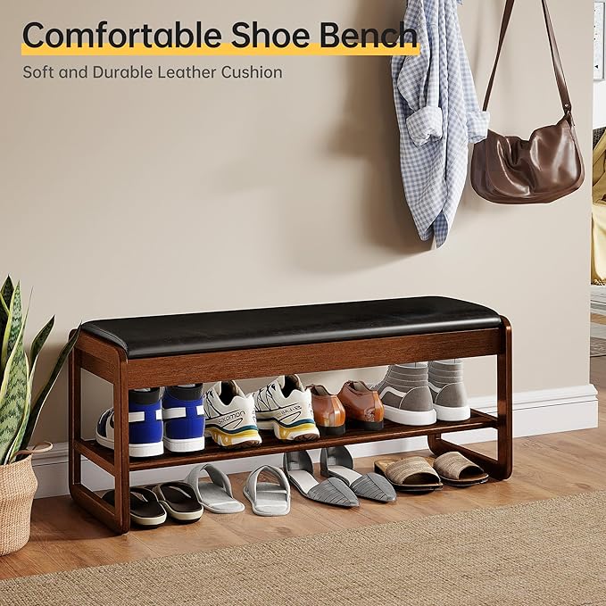 Shoe Rack Bench with Flip-Top Storage, Rubberwood 2-Tier Shoe Organizer with Cushion, Long Wooden Shoe Stand for Entryway, Mudroom, Hallway, Closet, Front Door Entrance, Foyer