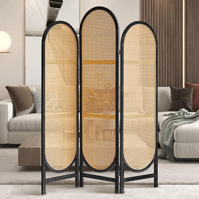Room Divider Panel, 3 Panel Roomdivider Wall, Wood Room Dividers and Folding Privacy Screens, Rattan Partition Room Dividers, Privacy Dividers for Rooms, Bedroom, Dining Room, Black