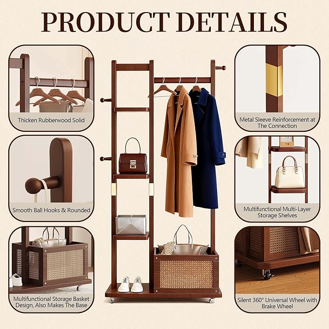 Wood Clothes Rack with Storage, 4 Shelves, 4 Hooks, Garment Rack with wheels, Coat Rack Freestanding, Clothing Rack Heavy Duty Hall Tree for Living Room Hallway, Office (3in1-856)
