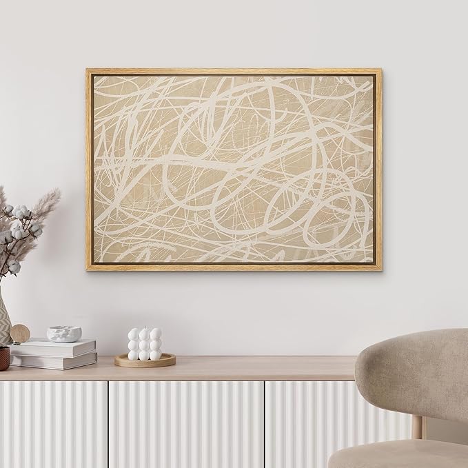 MUDECOR Framed Canvas Print Wall Art Beige Abstract Line Scribble Modern Minimal Illustrations Minimalism Decorative Bohemian Zen for Living Room, Bedroom, Office - 16"x24" NATURAL