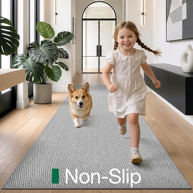 LUMI Ultra Thin Runner Rug for Hallway 2.7'x10', Non-Slip Entryway Rug with Rubber Backing, Unique Herringbone Design for Hallway, Entry, Kitchen, Patio, Gray