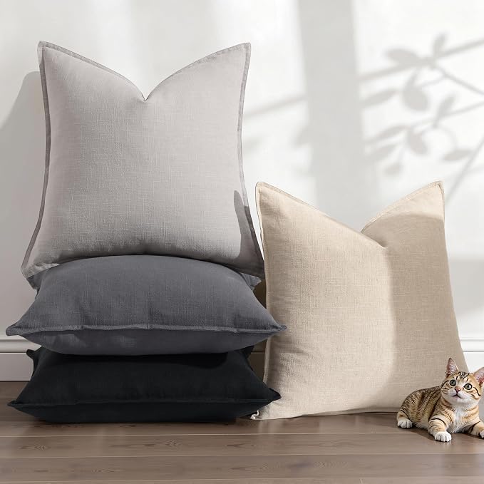 decorUhome Summer Decorative Linen Euro Sham Throw Pillow Covers 26x26 Inch Set of 2 Dark Grey Pillow Covers with Flange Edges Soft Farmhouse Boho Accent Pillow Cases for Couch Bed Living Room