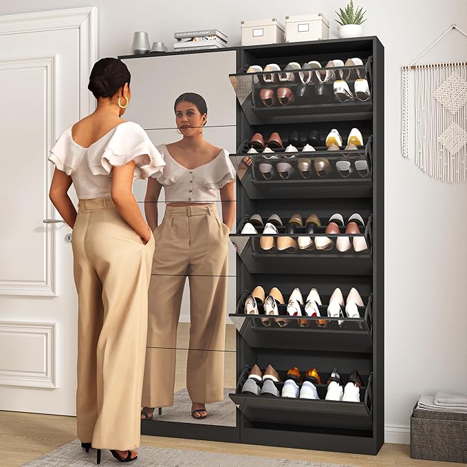 Shoe Storage Cabinet with Full Length Mirror, 30 Pairs & 5 Flip Drawer, Free Standing Shoe Rack Cabinet, Narrow Shoes Organizer for Front Door, Entryway (2-Shelf of Drawers, Black)