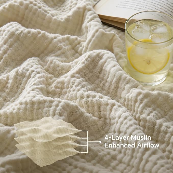 BEDELITE 100% Cotton Muslin Blankets for Adults - 4-Layer Large Throw Breathable and Lightweight Gauze Blanket for Couch, Bed, Travel and Summer, Soft & Cozy Gift for Women, Beige, 50"x70"