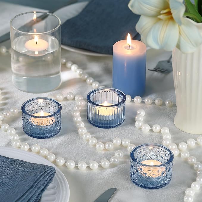 Lanttu 15 Pcs Glass Blue Tealight Candle Holders Bulk Votive Candle Holders Set Ribbed Dot Diamond Pattern Designs Vintage Candle Holders for Wedding Table Centerpiece Home Party Holiday Decor