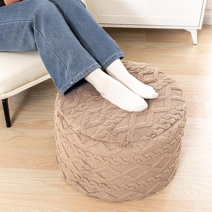 Poofieotto Round Ottoman Stuffed 20x12 Inches Floor Pouf Chair for Living Room Bedroom Modern Foam Pouf Ottoman Foot Rest for Couch Home Décor Pouffe (Light Coffee Pouf with Filler)