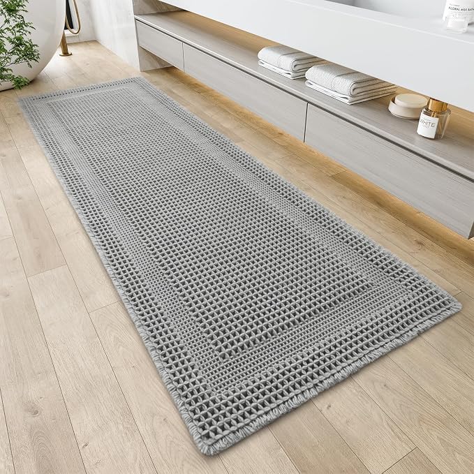 AMOAMI Waffle Bath-Mat, Absorbent Bath Mats for Bathroom Non Slip, Machine Washable Bathroom Rugs with Tassels Ultra Soft Boho Bath Rugs for Floor 2'x6'(24"x72") Grey