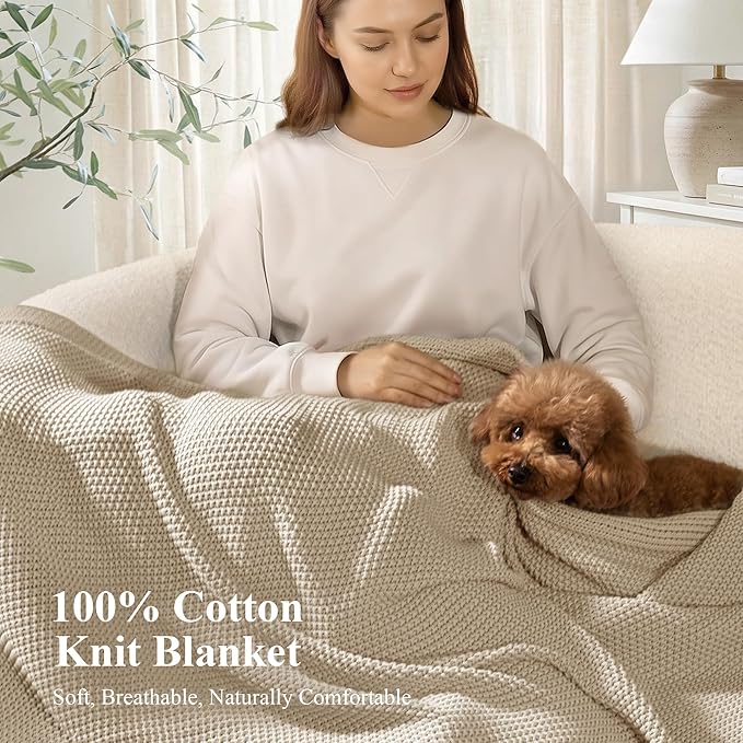 100% Cotton Cable Knit Throw Blanket, Lightweight Soft Knit Blanket for Sofa Couch Bed, Breathable All-Season Throw, Cozy Decorative Blanket, 50 x 60 Inch,Linen