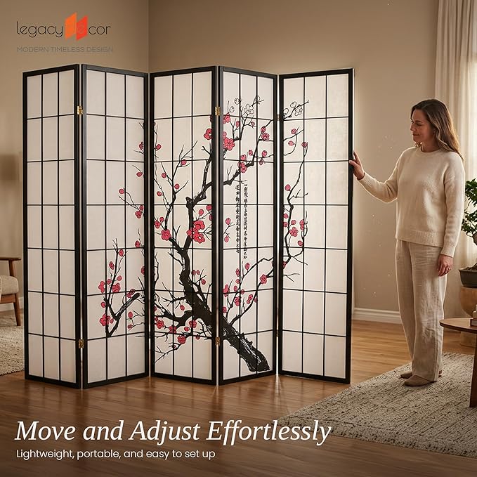 Legacy Decor 6-Panel Folding Room Divider Privacy Screen Plum Blossom Authentic Japanese Shoji Style Real Wood Grid Office & Studio – Black 71” Tall x 104” Wide