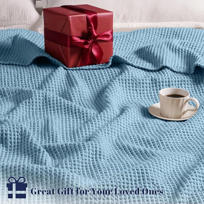 PHF Pre-Washed 100% Cotton Waffle Weave Blanket Twin Size for Bed,Snag Proof Throw Blanket for Couch Spring Summer Lightweight Breathable,Machine Washable, Home Decor Gift - Dusty Blue