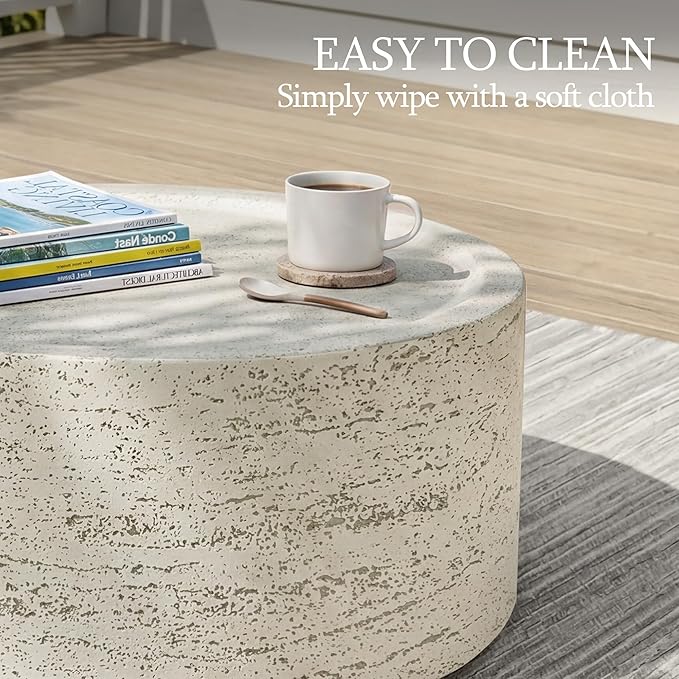 UPHA 28" Round Outdoor Coffee Table, Modern Hollow Concrete Patio Table, Small Minimalist Low Accent Table for Living Room, Balcony, Deck, Backyard, Off-White