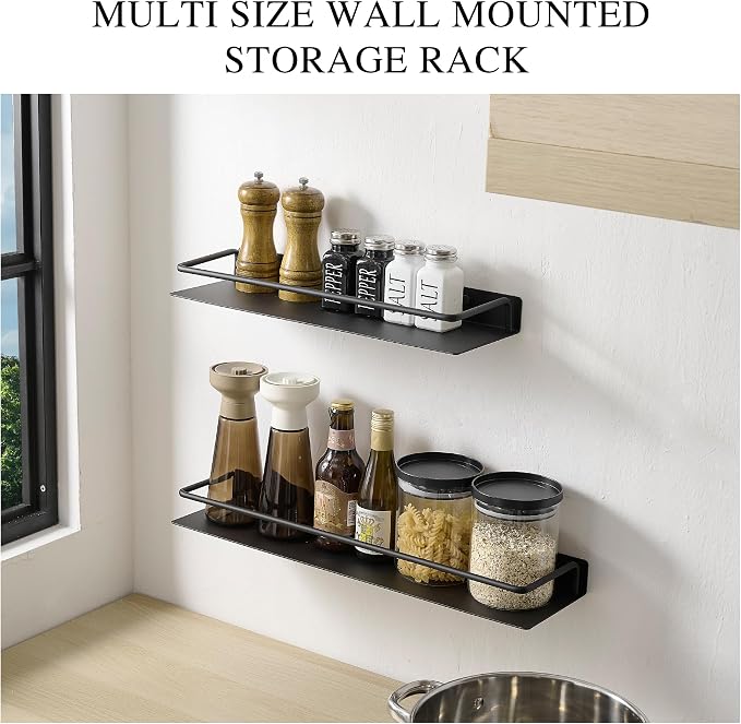 RFOUO 20 Inch Black Metal Wall Shelf with Guard Rail, Long Wall Mounted Bathroom Shelf, Aluminum Floating-Style Display Shelf for Kitchen Bedroom Decor Storage Organizer, 1 Pack