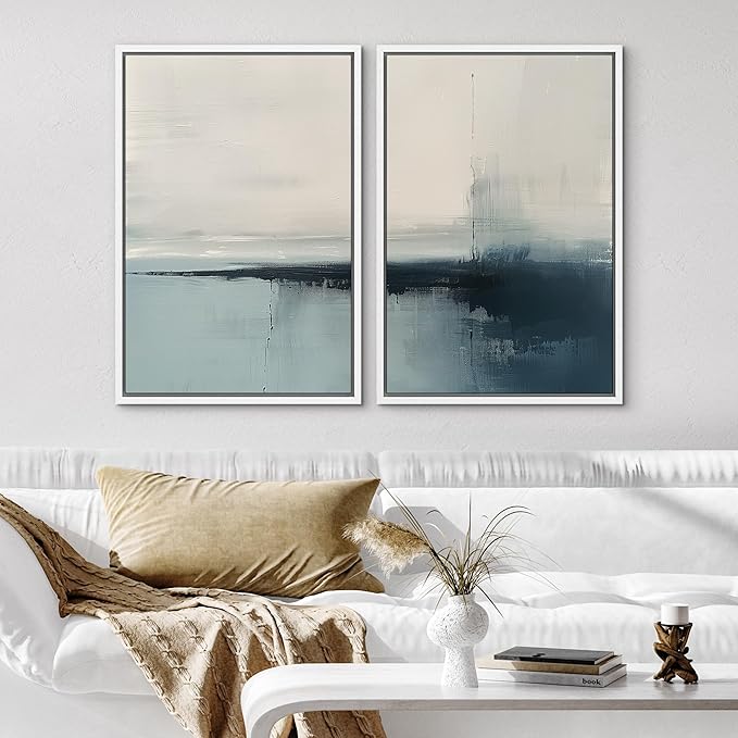 SIGNWIN Framed Canvas Print Wall Art Modern Blue Ocean-Inspired Coastal Abstract Serene Neutral Tones with Subtle Patterns Illustrations Decorative for Living Room, Bedroom, Office - 24"x36"x2 White