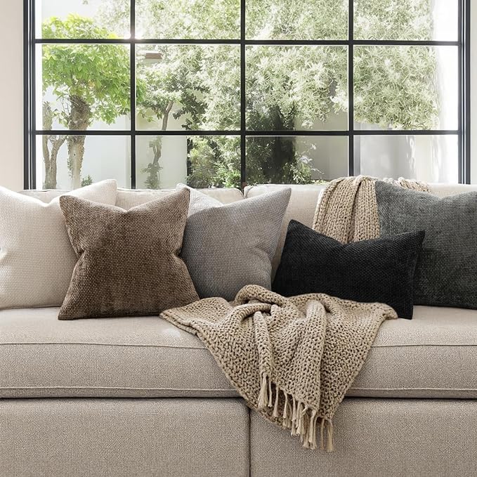 MIULEE Pack of 2 Couch Throw Pillow Covers 24x24 Inch Neutral Brown Boho Accent Decorative Pillow Covers Soft Chenille Farmhouse Cushion Covers for Home Decor Bed Sofa Living Room