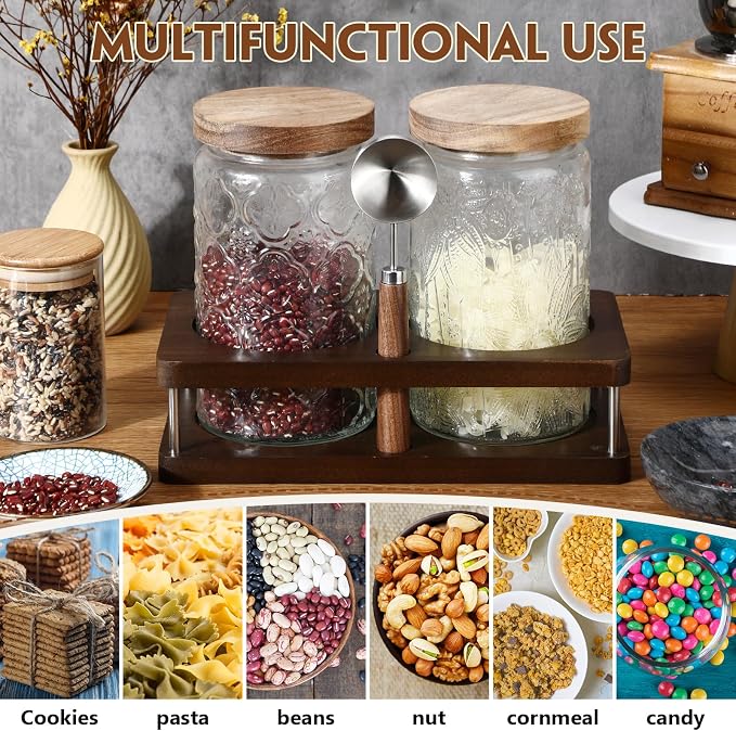 Suclain Glass Coffee Grounds Container with Shelf 2 x 34 oz Glass Coffee Bean Storage Canisters with Airtight Thread Lid and Measuring Spoon Food Storage Jars for Kitchen Sugar Nut