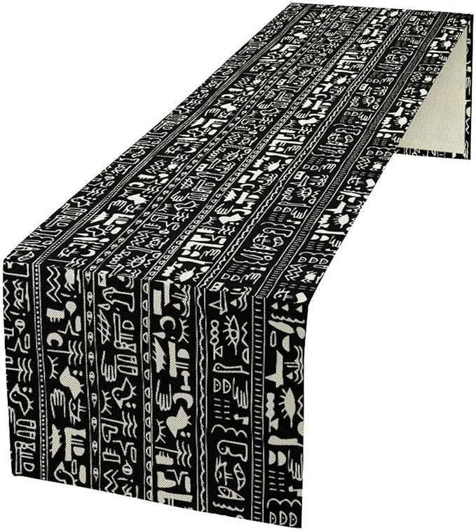 Egypt Table Runner Ancient Egyptian History Mural Old Hieroglyphic Elements Imperial Art Pattern for Coffee Table Dining Indoor Kitchen Holiday Picnic Party Camp Decor 13x70in