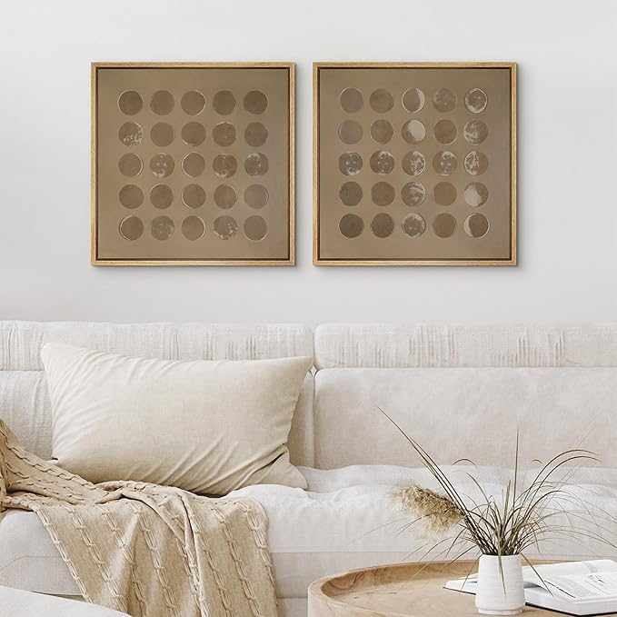 SIGNFORD Framed Canvas Print Wall Art Set Moon Phases Series Earthy Brown Illustrations Modern Art Minimal Relax/Calm for Living Room, Bedroom, Office - 16"x16"x2 Natural