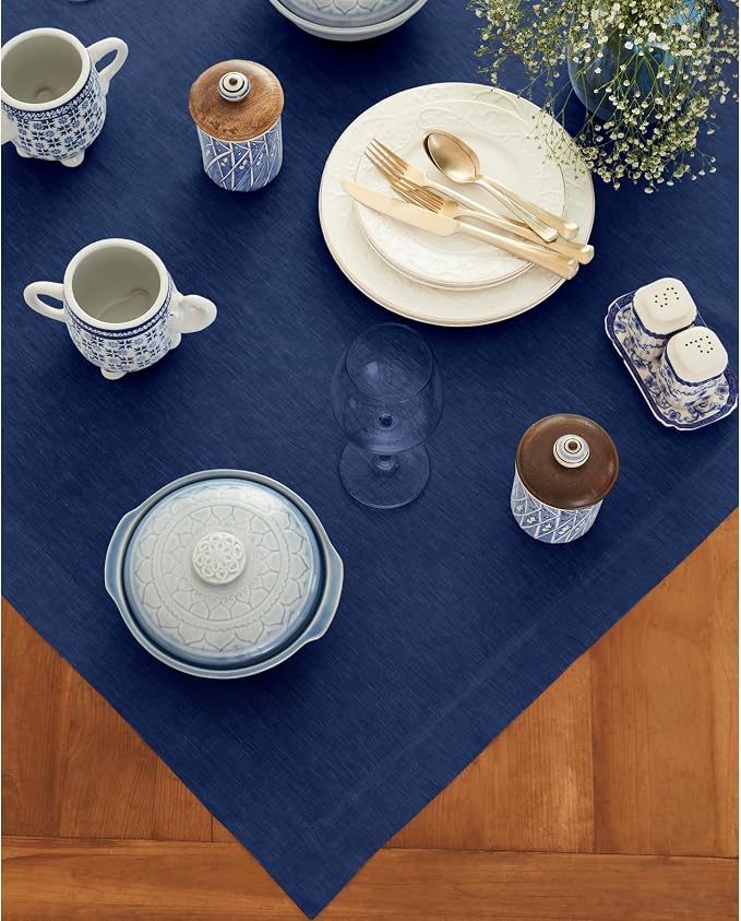 Solino Home Royal Blue Linen Tablecloth 52 x 52 Inch - 100% Pure Linen Square Table Throw - Athena, Machine Washable Tablecloth