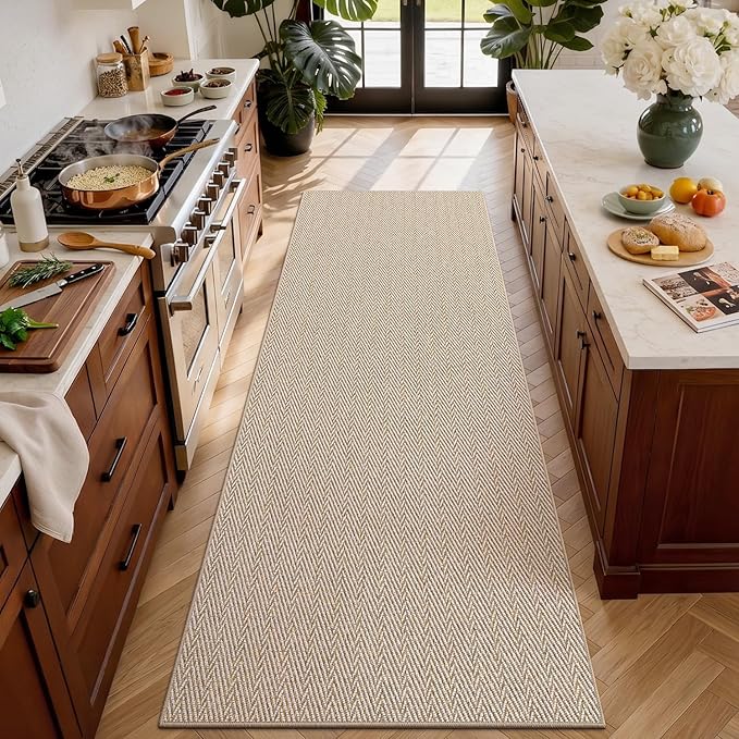 LUMI Ultra Thin Runner Rug for Hallway 2.3'x12', Non-Slip Entryway Rug with Rubber Backing, Unique Herringbone Design for Hallway, Entry, Kitchen, Patio, Beige