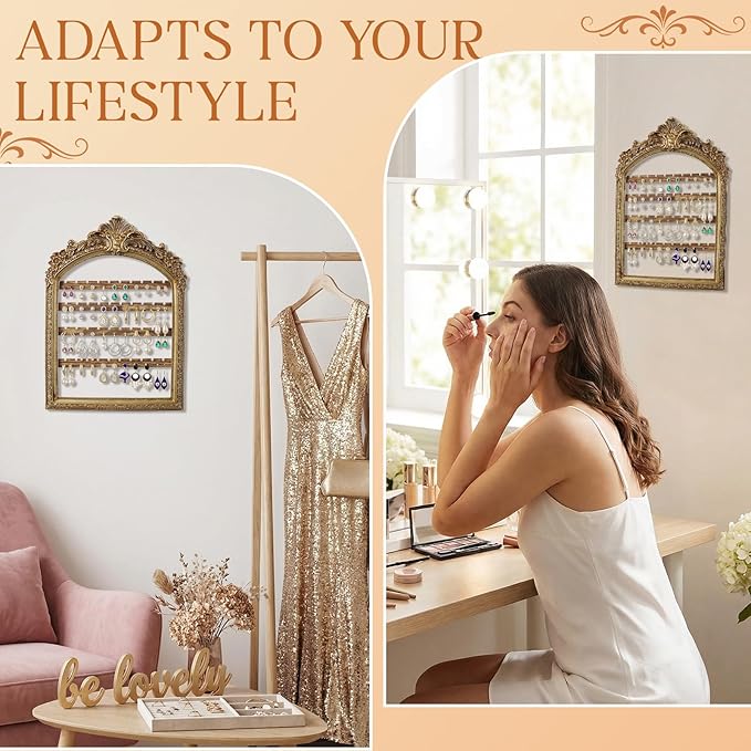 1 Pcs 13 x 9.3'' Wall Hanging Earring Holder Organizers Vintage Arched Frame 4 Layer Wall Mounted Jewelry Holder Decorative Retro Baroque Stud Earring Display (Gold)