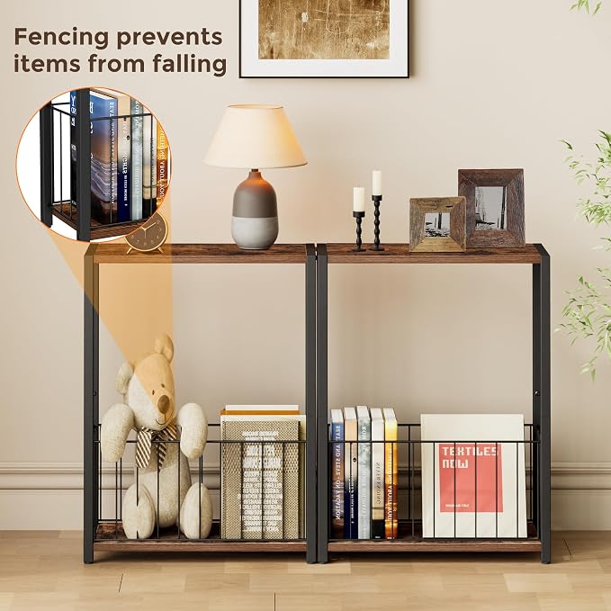 Homleke Narrow Side Table with Magazine Holder, Skinny End Table Perfect for Small Spaces, Space-Saving Design for Living Room, Bedroom, or Office, 7.1" D x 16.9" W x 23.6" H, Rustic Brown