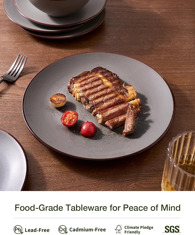 Famiware Venus Speckled Dinnerware Set with Pasta Bowls for 4 (16 Pieces), Stoneware Plates and Double Bowls, Matte Dark Gray - Microwave & Dishwasher Safe Dishes with Trim for Everyday & Formal Use