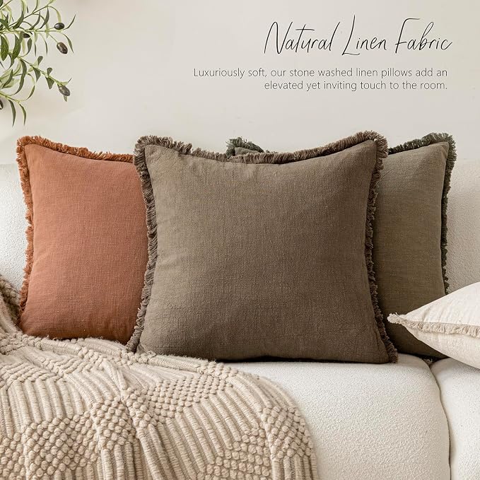 Foindtower Set of 2 Decorative Linen Fringe Throw Pillow Covers Cozy Boho Farmhouse Cushion Cover with Tassels Soft Accent Pillowcase for Couch Sofa Bed Living Room Home Decor, 22×22 Inch, Light Brown