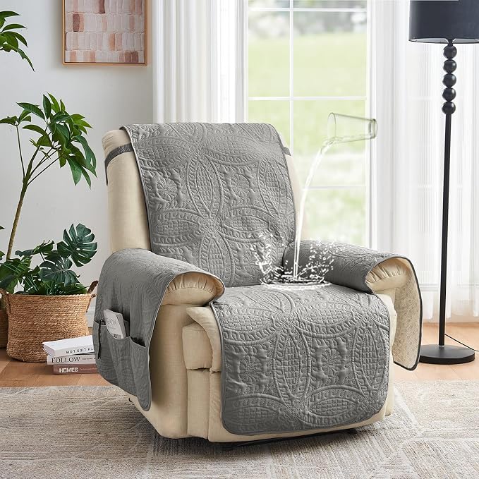 Large Gray Recliner Chair Covers, Quilted Décor Water-Repellent Lazy Boy Chair Covers, Pet Friendly Large Recliner Cover for Dogs Cats, Washable Couch Cover (Recliner 30", Cool Gray)