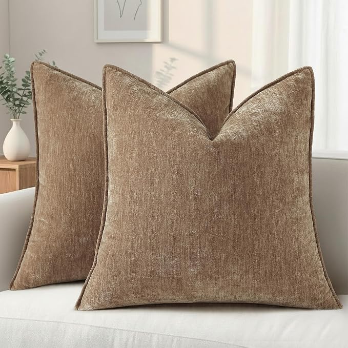 decorUhome Summer Couch Throw Pillow Covers 20x20 Set of 2, Decorative Soft Velvet Modern Cozy Chenille Pillow Cases with Elegant Design for Sofa Bed Living Room Home Decor, Brown