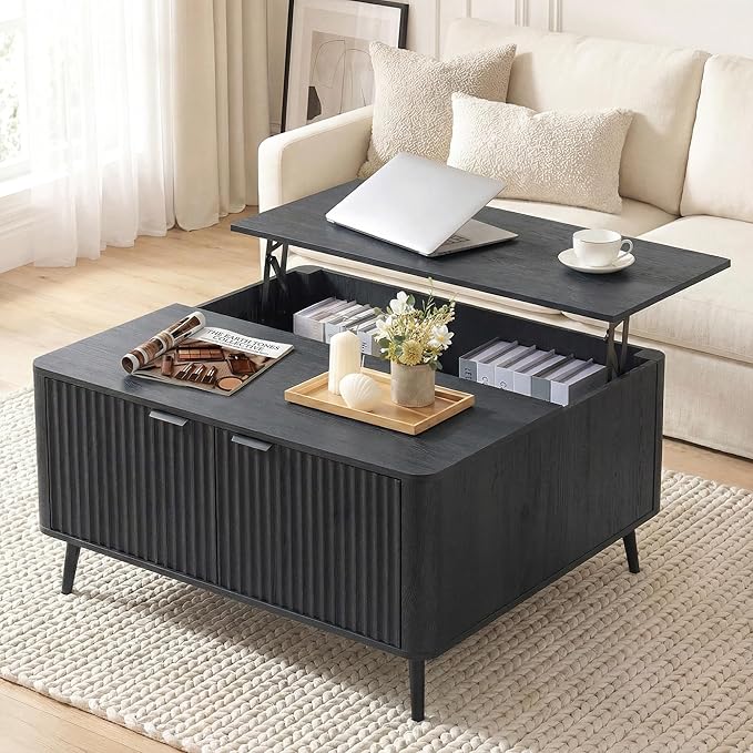 Fatmok Large Lift Top Coffee Table with Hidden Compartment, 35.4" Wide Oversized Square Coffee Table with Storage, Mid Century Modern Fluted Center Table for Home Living Room, Black Grey