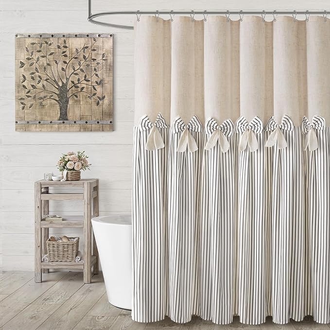 Farmhouse Shower Curtain Linen Bow Woven Fabric Country Rustic Western, Pleated Grey Stripe 72" W x 84" L