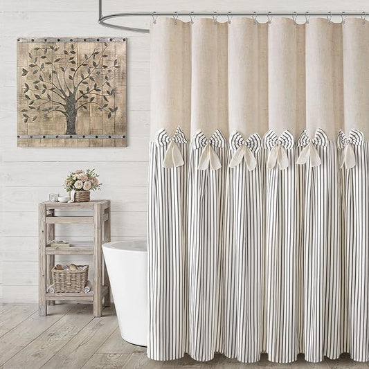 Farmhouse Shower Curtain Linen Bow Woven Fabric Country Rustic Western, Pleated Grey Stripe 72" W x 84" L