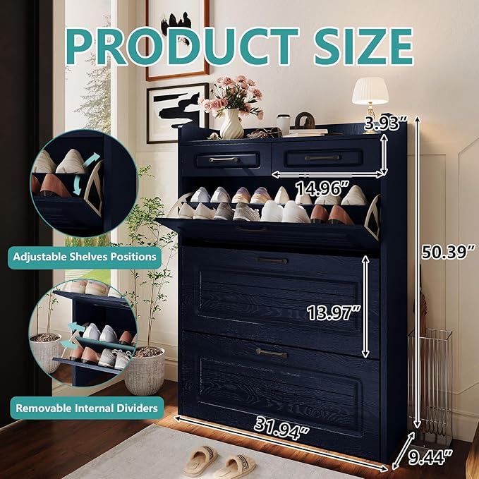 Shoe Cabinet with 3 Large Flip Drawers and 2 Storage Drawers, Narrow Shoe Organizer Cabinet Fits for Kinds of Shoes, Hidden Shoe Storage Cabinet for Entryway, Hallway, Blue